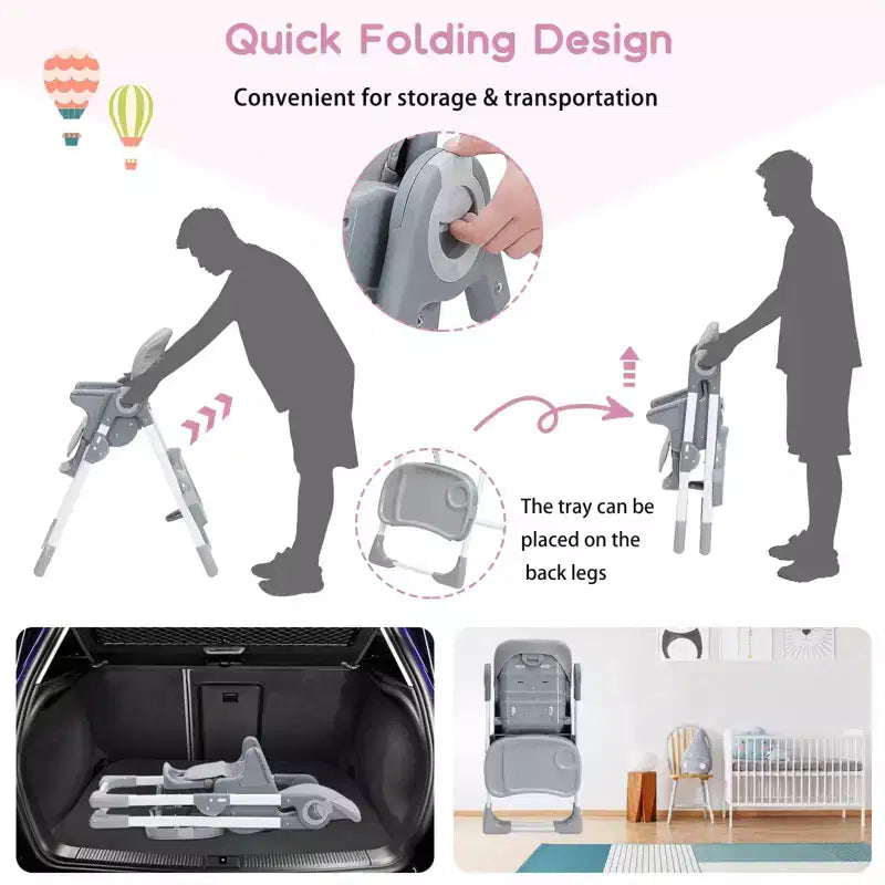 Chaise Haute Bébé Multifonctionnelle avec Hauteur et Inclinaison Réglables, Pliable pour Bébés et Tout-Petits
