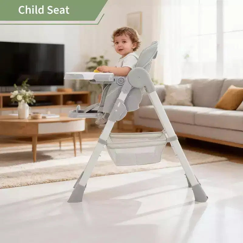 Chaise Haute Bébé Multifonctionnelle avec Hauteur et Inclinaison Réglables, Pliable pour Bébés et Tout-Petits