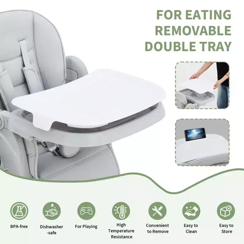 Chaise Haute Bébé Multifonctionnelle avec Hauteur et Inclinaison Réglables, Pliable pour Bébés et Tout-Petits