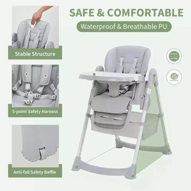 Chaise Haute Bébé Multifonctionnelle avec Hauteur et Inclinaison Réglables, Pliable pour Bébés et Tout-Petits