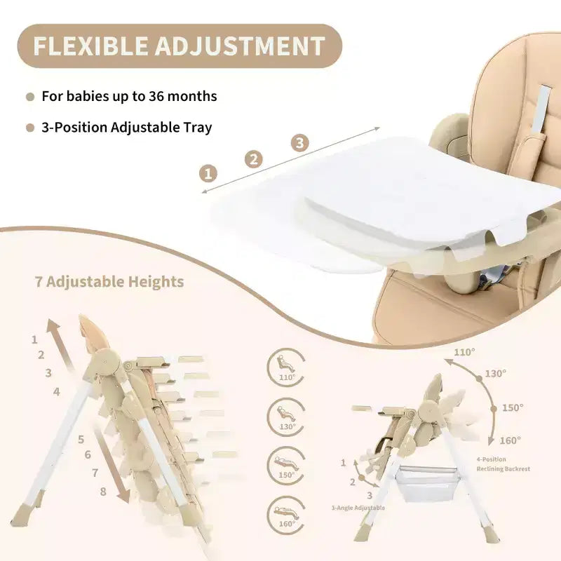 Chaise Haute Bébé Multifonctionnelle avec Hauteur et Inclinaison Réglables, Pliable pour Bébés et Tout-Petits