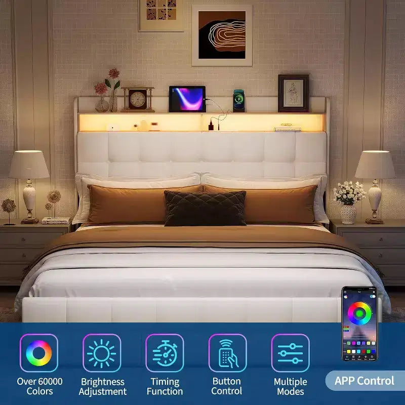 Cadre de lit rembourré GuatoWave avec tête de lit à LED, port USB et 2 tiroirs de rangement