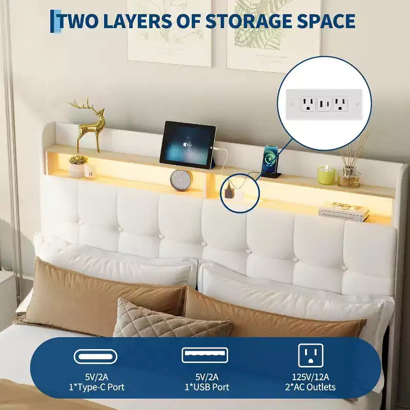 Cadre de lit rembourré GuatoWave avec tête de lit à LED, port USB et 2 tiroirs de rangement