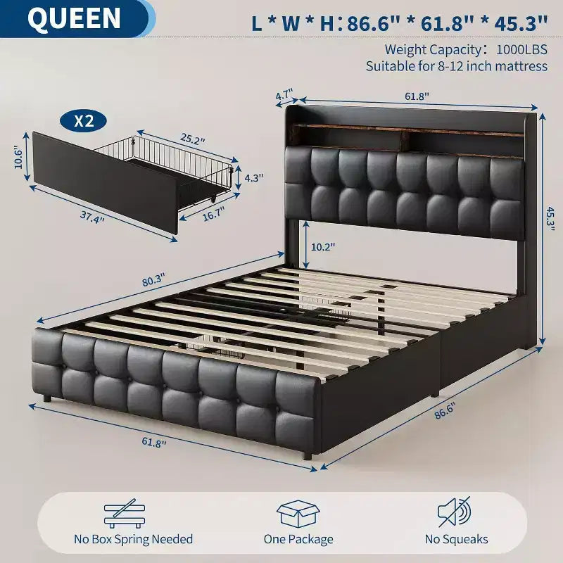 Cadre de lit rembourré GuatoWave avec tête de lit à LED, port USB et 2 tiroirs de rangement