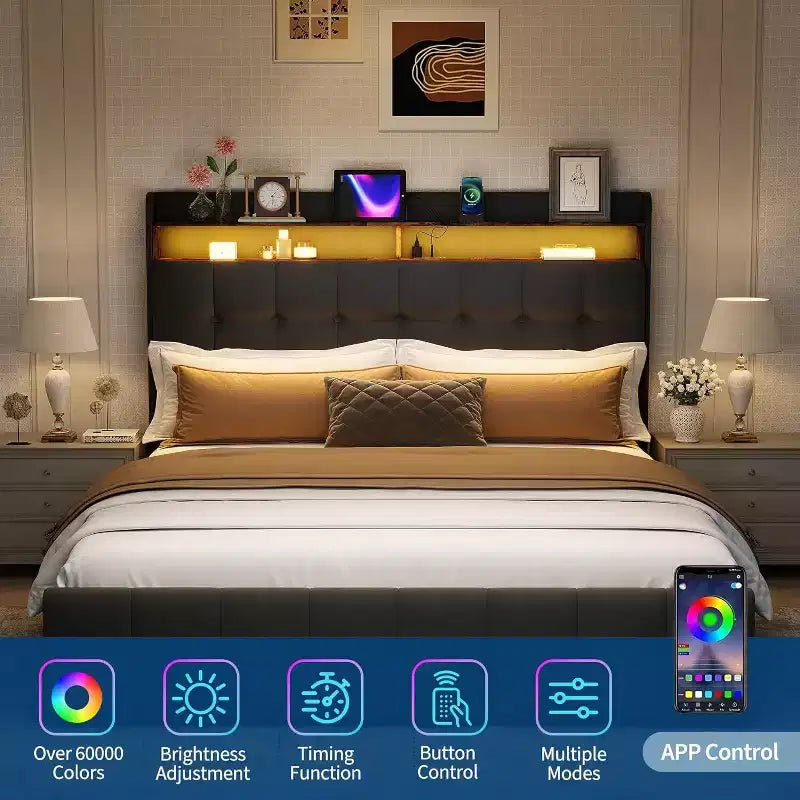 Cadre de lit rembourré GuatoWave avec tête de lit à LED, port USB et 2 tiroirs de rangement