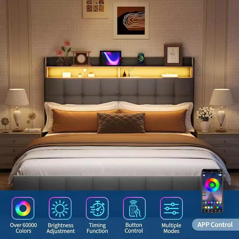 Cadre de lit rembourré GuatoWave avec tête de lit à LED, port USB et 2 tiroirs de rangement