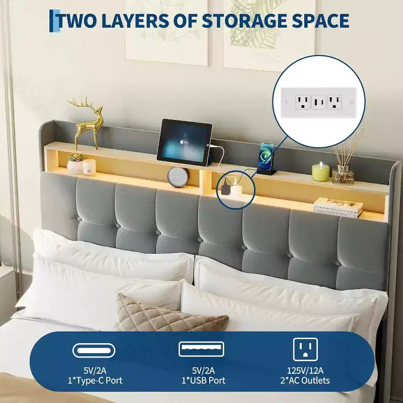 Cadre de lit rembourré GuatoWave avec tête de lit à LED, port USB et 2 tiroirs de rangement