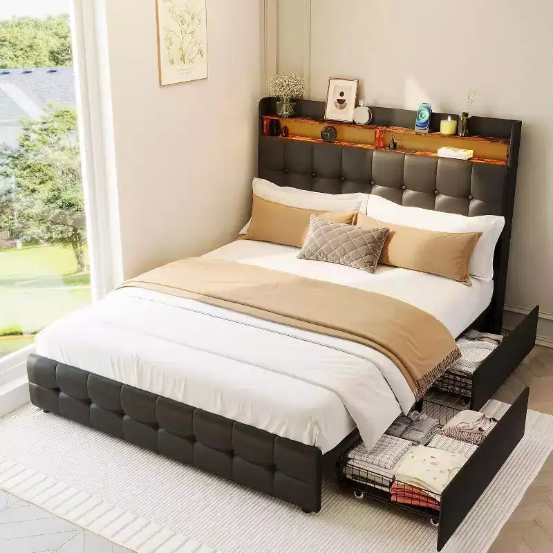 GuatoWave Upholstered Bed Frame with LED Light USB Port Headboard and 2 Storage Drawers