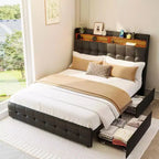 GuatoWave Upholstered Bed Frame with LED Light USB Port Headboard and 2 Storage Drawers