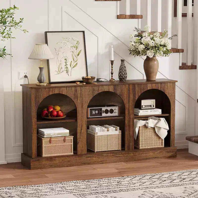 63 Mid Century Modern TV Stand for TVs Up to 65/70 Inch, Rustic Brown 3-Tier Media Console with Charging Station for Entryway Living Room