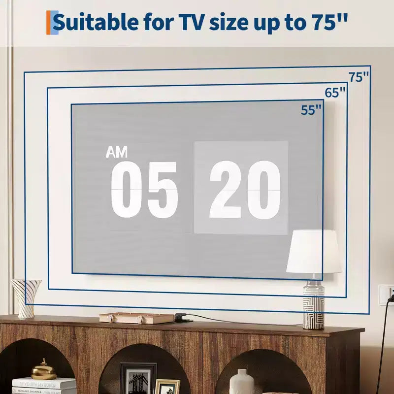 Meuble TV de style moderne du milieu du siècle de 63 pouces pour téléviseurs jusqu'à 65/70 pouces, console multimédia marron rustique à 3 niveaux avec station de charge pour entrée et salon