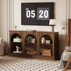 Meuble TV de style moderne du milieu du siècle de 63 pouces pour téléviseurs jusqu'à 65/70 pouces, console multimédia marron rustique à 3 niveaux avec station de charge pour entrée et salon