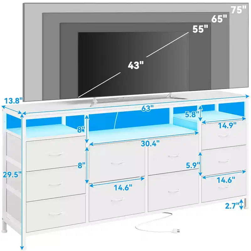 Meuble TV avec 10 tiroirs en tissu pour téléviseurs de 65/70/75 pouces, meuble de divertissement de 160 cm de large avec lumières LED et prises de courant