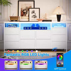 Meuble TV avec 10 tiroirs en tissu pour téléviseurs de 65/70/75 pouces, meuble de divertissement de 160 cm de large avec lumières LED et prises de courant