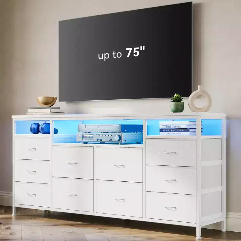 Meuble TV avec 10 tiroirs en tissu pour téléviseurs de 65/70/75 pouces, meuble de divertissement de 160 cm de large avec lumières LED et prises de courant