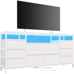 Meuble TV avec 10 tiroirs en tissu pour téléviseurs de 65/70/75 pouces, meuble de divertissement de 160 cm de large avec lumières LED et prises de courant
