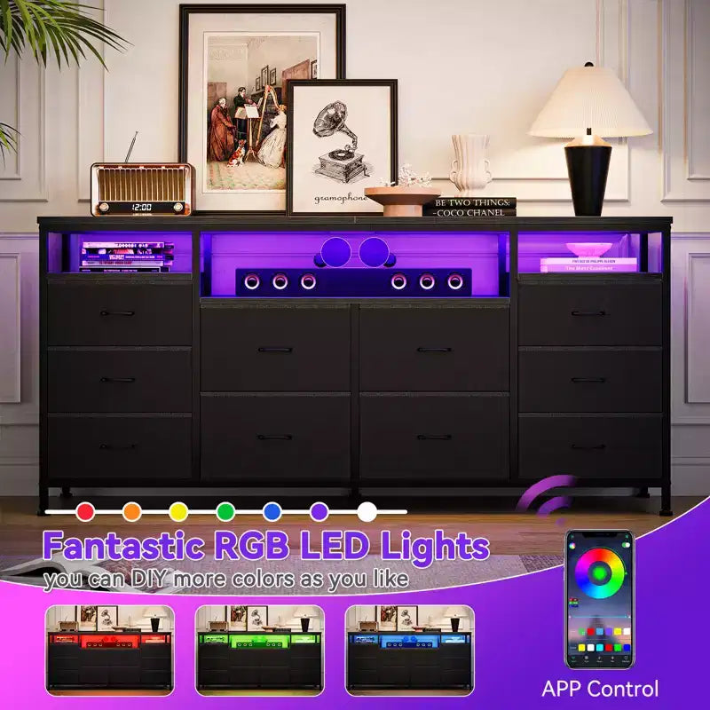Meuble TV avec 10 tiroirs en tissu pour téléviseurs de 65/70/75 pouces, meuble de divertissement de 160 cm de large avec lumières LED et prises de courant