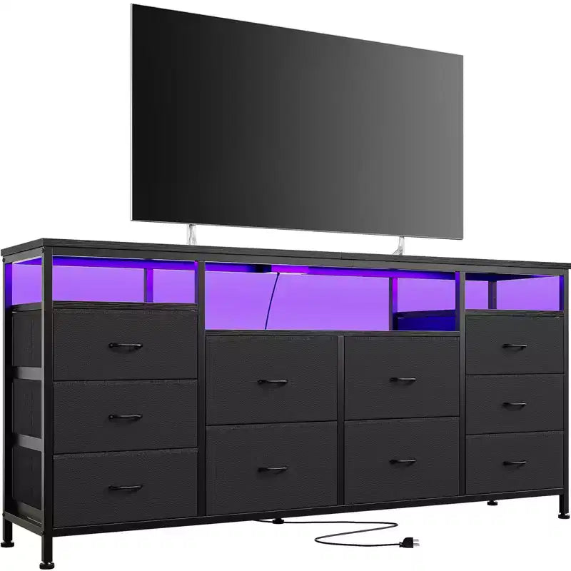 Meuble TV avec 10 tiroirs en tissu pour téléviseurs de 65/70/75 pouces, meuble de divertissement de 160 cm de large avec lumières LED et prises de courant