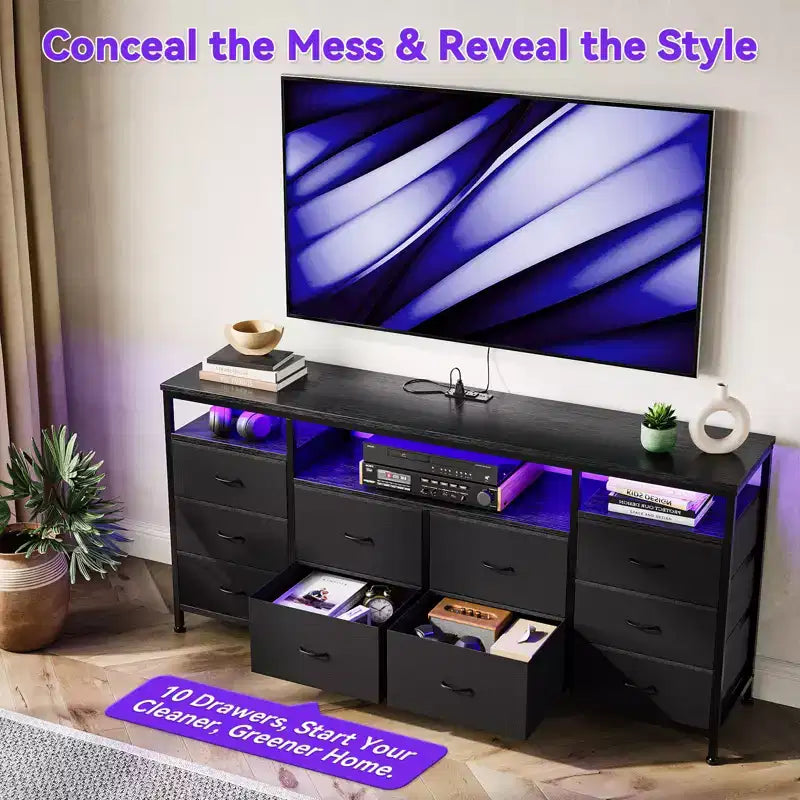 Meuble TV avec 10 tiroirs en tissu pour téléviseurs de 65/70/75 pouces, meuble de divertissement de 160 cm de large avec lumières LED et prises de courant