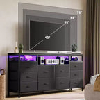 Meuble TV avec 10 tiroirs en tissu pour téléviseurs de 65/70/75 pouces, meuble de divertissement de 160 cm de large avec lumières LED et prises de courant