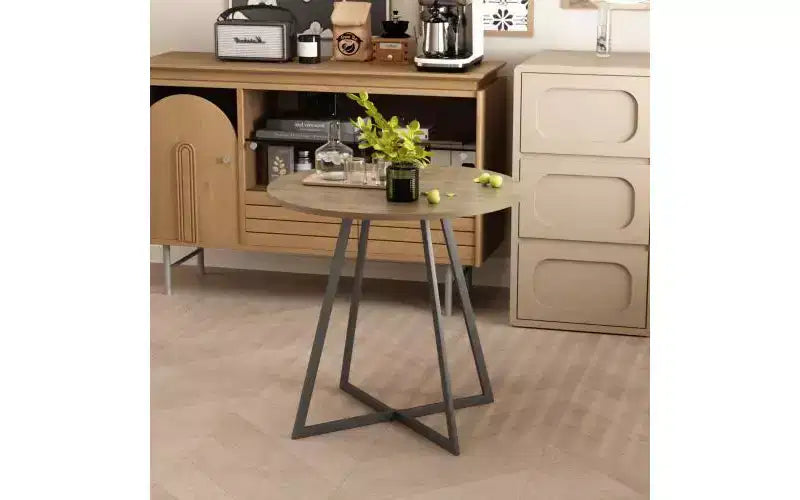 Table à manger ronde de 80 cm, petite table de cuisine avec pieds en métal noir pour 2 à 4 personnes, marron