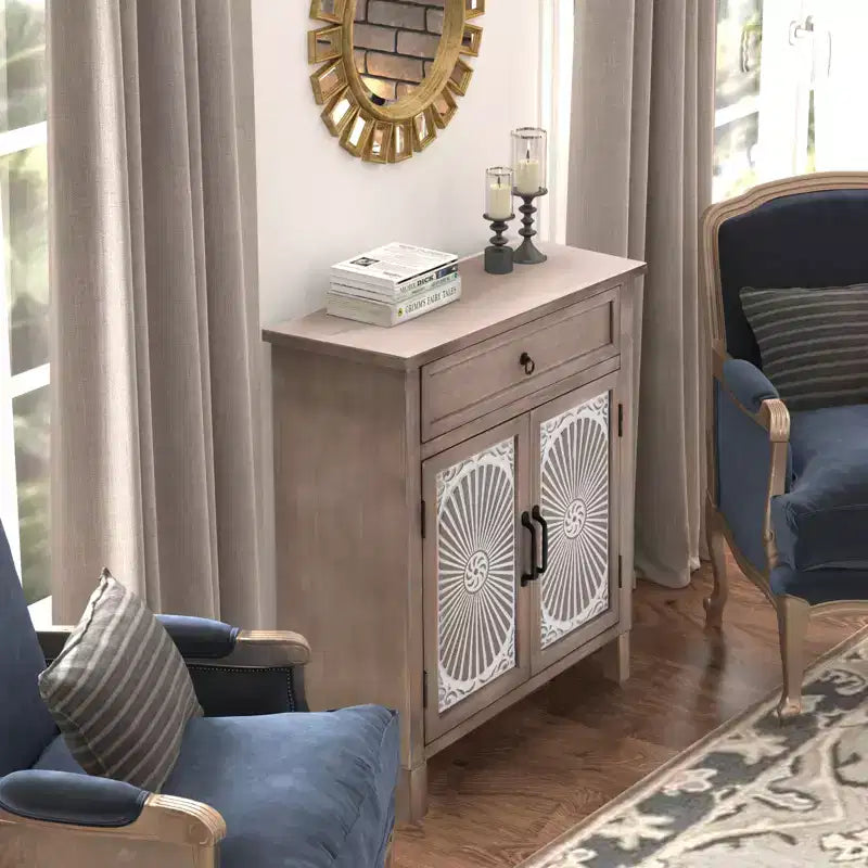 GDFStudio Lindiwe Armoire d'appoint rustique en bois à 2 portes et 1 tiroir avec pieds en bois d'hévéa