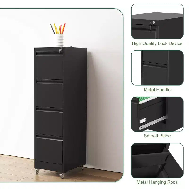 Meuble de classement vertical à 4 tiroirs en métal verrouillable sur roulettes, armoire verrouillable robuste