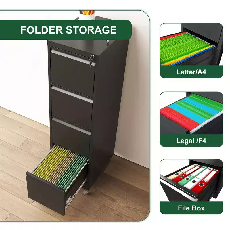 Meuble de classement vertical à 4 tiroirs en métal verrouillable sur roulettes, armoire verrouillable robuste