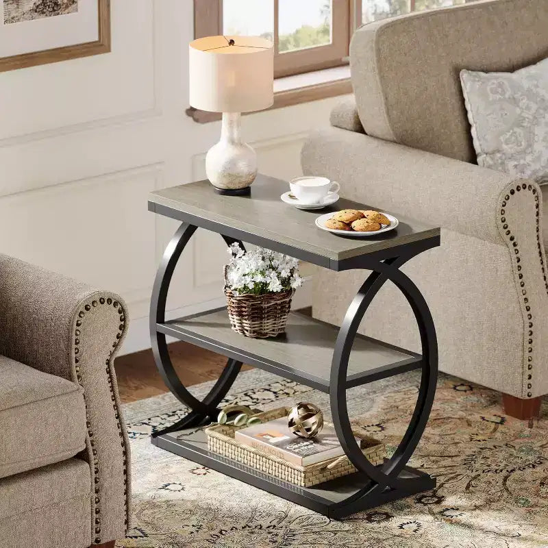 Table d'appoint Lantine, table d'appoint étroite à 3 niveaux pour salon, table d'appoint industrielle en bois avec cadre en métal pour chambre, petits espaces, gris