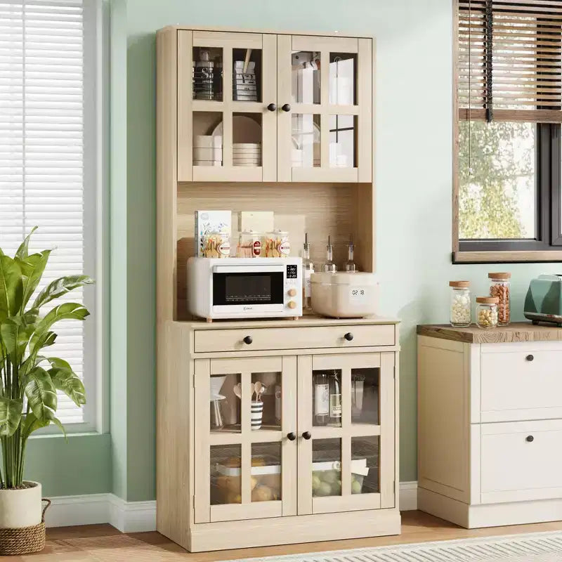 Garde-manger de cuisine de ferme 72 po avec portes vitrées et tiroir, grand buffet de rangement en bois avec étagères réglables et comptoir ouvert