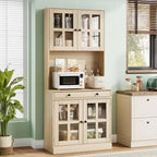 Garde-manger de cuisine de ferme 72 po avec portes vitrées et tiroir, grand buffet de rangement en bois avec étagères réglables et comptoir ouvert