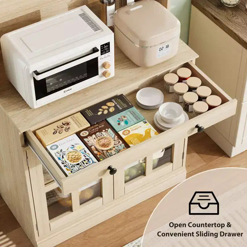 Garde-manger de cuisine de ferme 72 po avec portes vitrées et tiroir, grand buffet de rangement en bois avec étagères réglables et comptoir ouvert