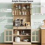 Garde-manger de cuisine de ferme 72 po avec portes vitrées et tiroir, grand buffet de rangement en bois avec étagères réglables et comptoir ouvert