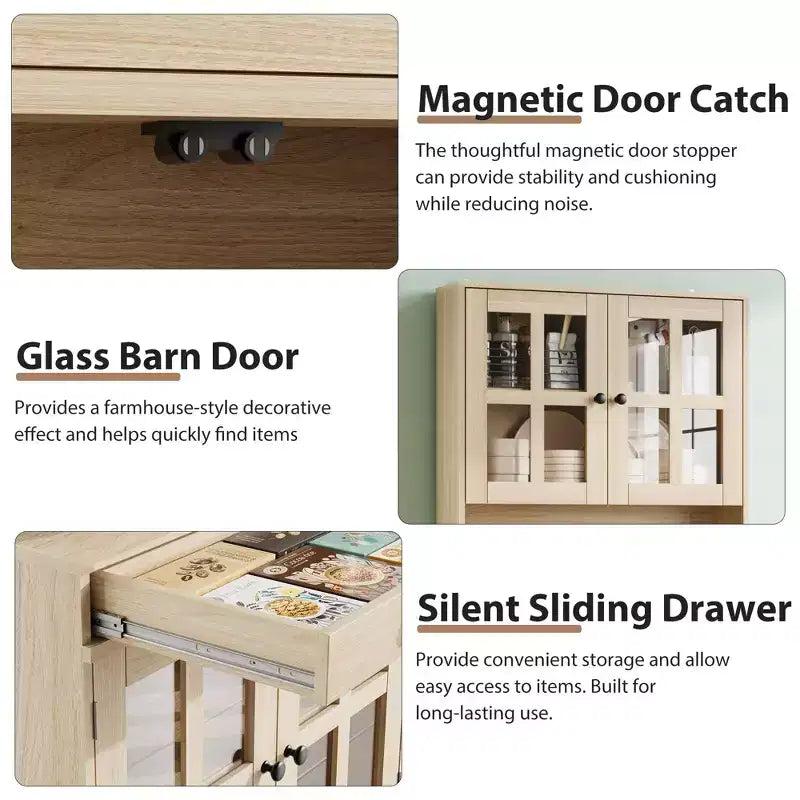 Garde-manger de cuisine de ferme 72 po avec portes vitrées et tiroir, grand buffet de rangement en bois avec étagères réglables et comptoir ouvert