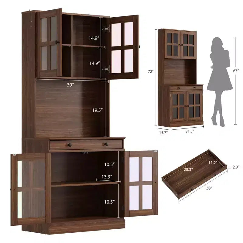 Garde-manger de cuisine de ferme 72 po avec portes vitrées et tiroir, grand buffet de rangement en bois avec étagères réglables et comptoir ouvert