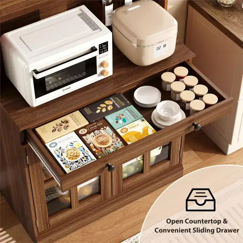 Garde-manger de cuisine de ferme 72 po avec portes vitrées et tiroir, grand buffet de rangement en bois avec étagères réglables et comptoir ouvert