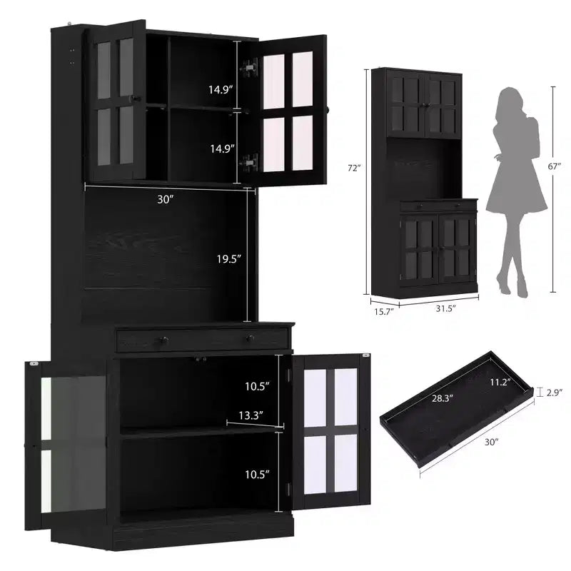 Garde-manger de cuisine de ferme 72 po avec portes vitrées et tiroir, grand buffet de rangement en bois avec étagères réglables et comptoir ouvert