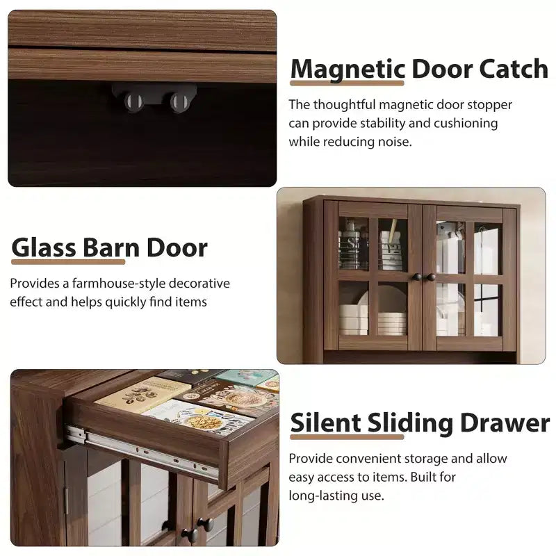 Garde-manger de cuisine de ferme 72 po avec portes vitrées et tiroir, grand buffet de rangement en bois avec étagères réglables et comptoir ouvert