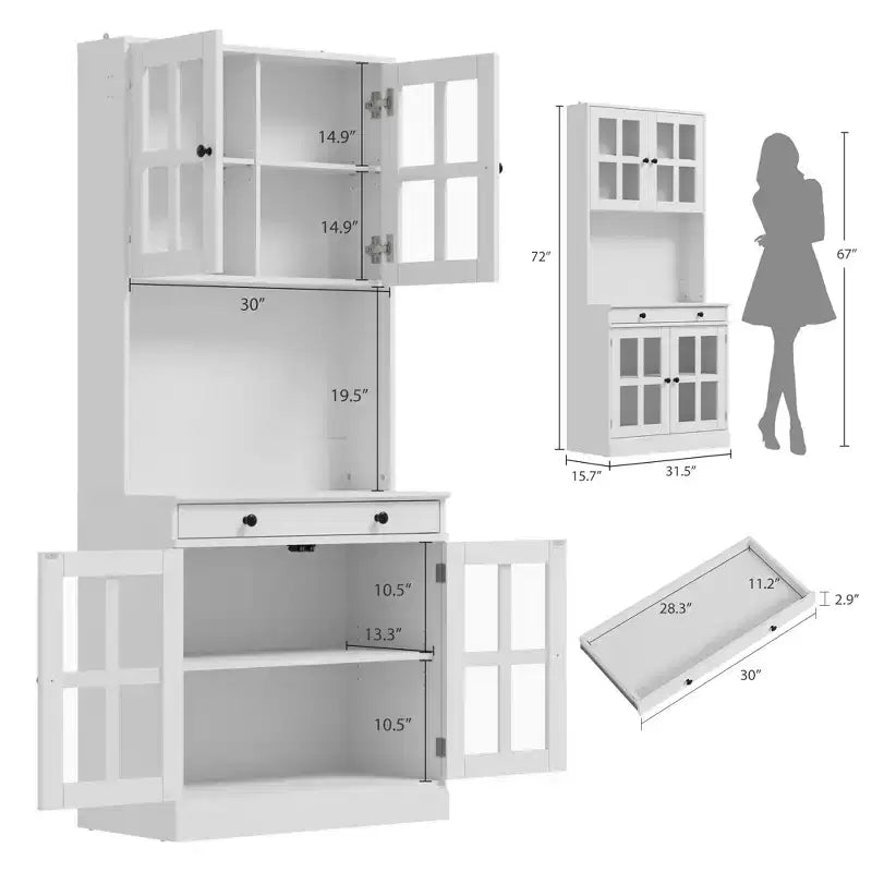 Garde-manger de cuisine de ferme 72 po avec portes vitrées et tiroir, grand buffet de rangement en bois avec étagères réglables et comptoir ouvert