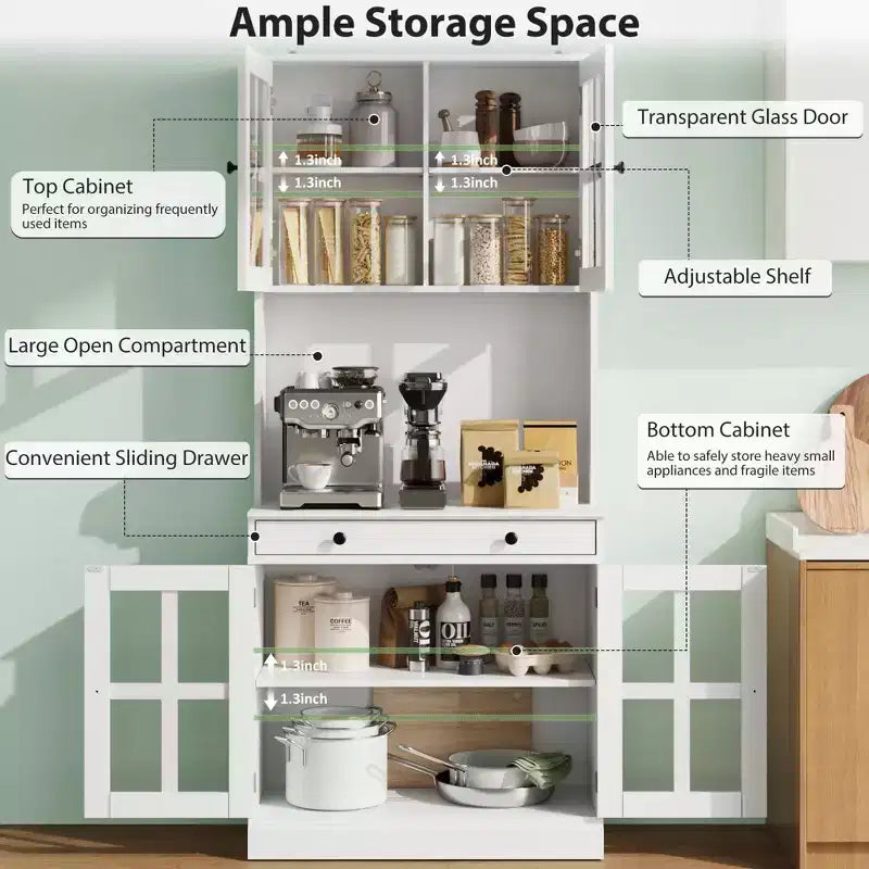 Garde-manger de cuisine de ferme 72 po avec portes vitrées et tiroir, grand buffet de rangement en bois avec étagères réglables et comptoir ouvert
