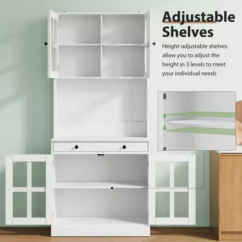 Garde-manger de cuisine de ferme 72 po avec portes vitrées et tiroir, grand buffet de rangement en bois avec étagères réglables et comptoir ouvert