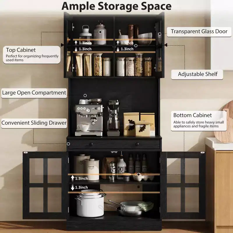 Garde-manger de cuisine de ferme 72 po avec portes vitrées et tiroir, grand buffet de rangement en bois avec étagères réglables et comptoir ouvert