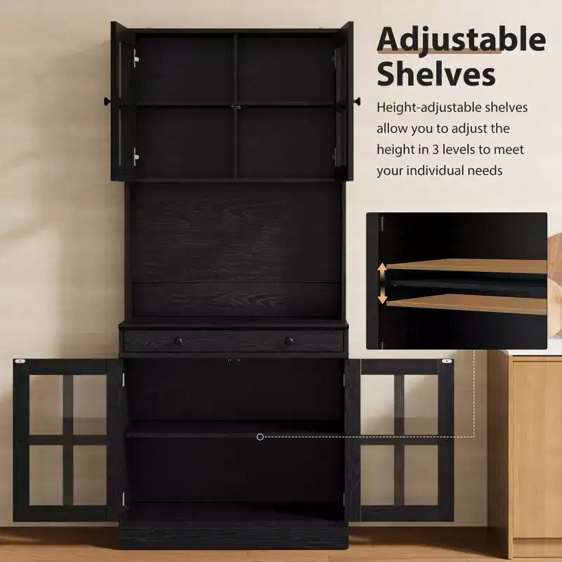 Garde-manger de cuisine de ferme 72 po avec portes vitrées et tiroir, grand buffet de rangement en bois avec étagères réglables et comptoir ouvert