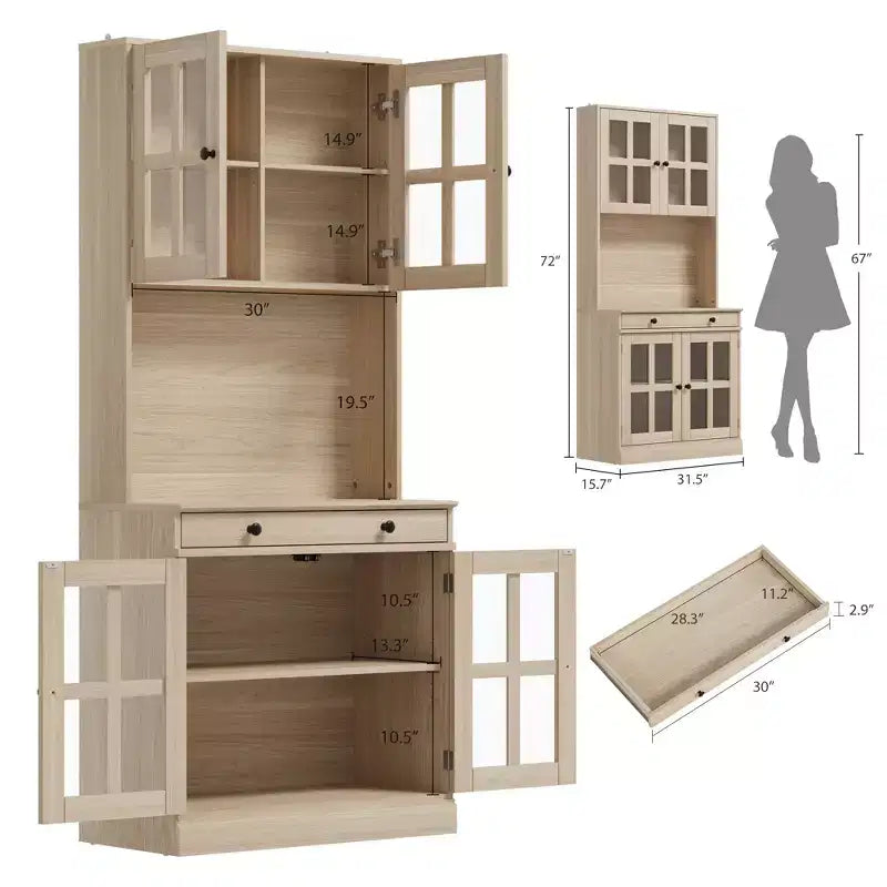 Garde-manger de cuisine de ferme 72 po avec portes vitrées et tiroir, grand buffet de rangement en bois avec étagères réglables et comptoir ouvert