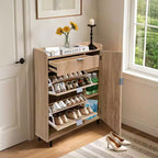 Meuble à chaussures avec 2 tiroirs basculants, meuble de rangement étroit pour chaussures avec porte latérale, tiroir et pieds en métal