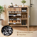 Meuble à chaussures avec 2 tiroirs basculants, meuble de rangement étroit pour chaussures avec porte latérale, tiroir et pieds en métal