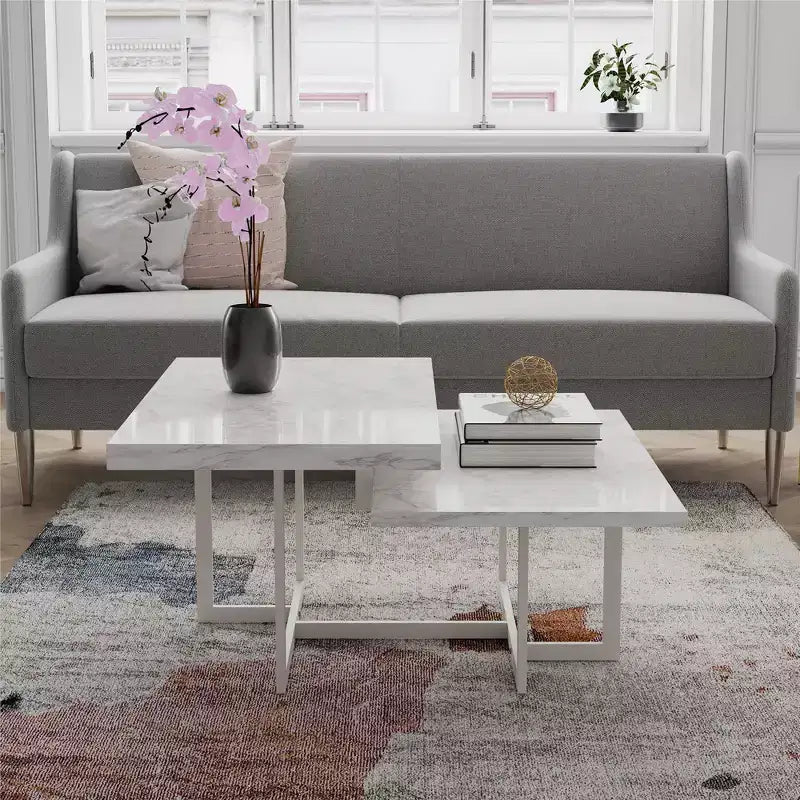 Brielle White Faux Marble Coffee Table, Two-Tier MDF Metal Frame Adjustable Feet for Small Space Living Room