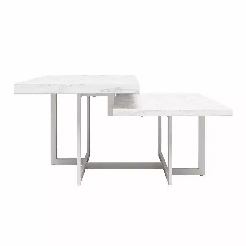 Table basse Brielle en faux marbre blanc, cadre en métal MDF à deux niveaux avec pieds réglables pour petit salon