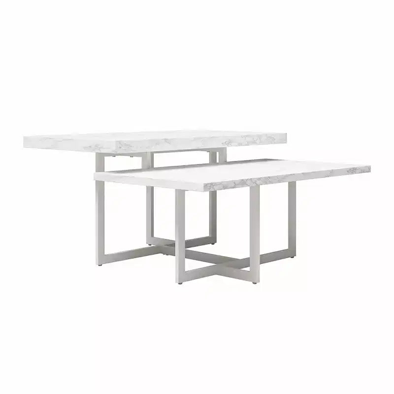 Table basse Brielle en faux marbre blanc, cadre en métal MDF à deux niveaux avec pieds réglables pour petit salon
