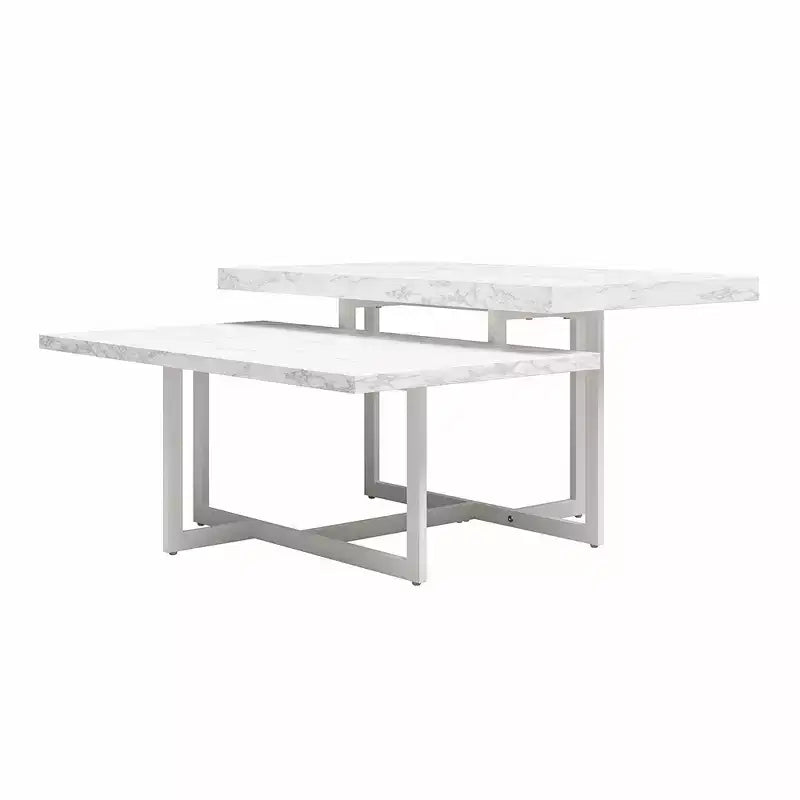 Table basse Brielle en faux marbre blanc, cadre en métal MDF à deux niveaux avec pieds réglables pour petit salon